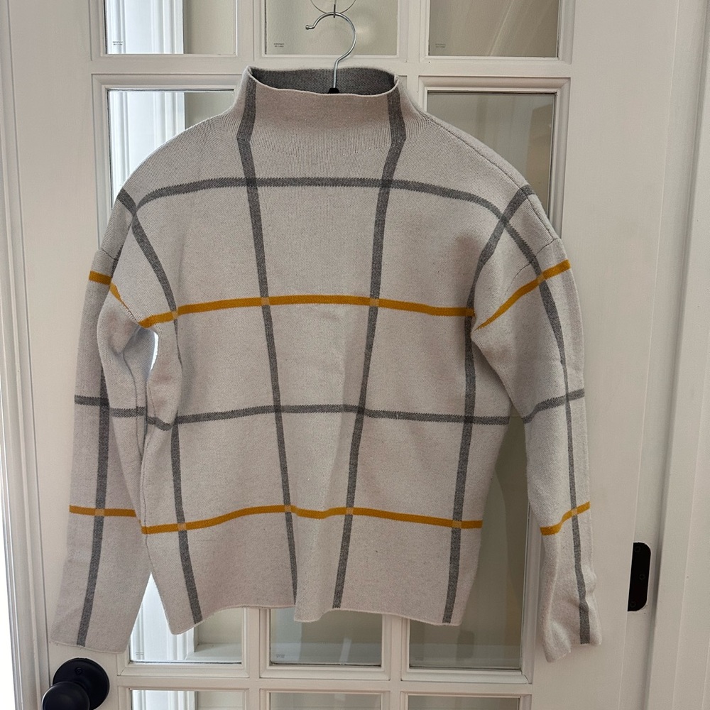 Women’s white Windowpane Mock Neck Sweater with Mustard and gray plaid Accents